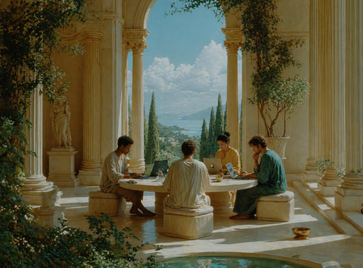 Founders working together at a round table in a sunlit classical terrace overlooking the sea.